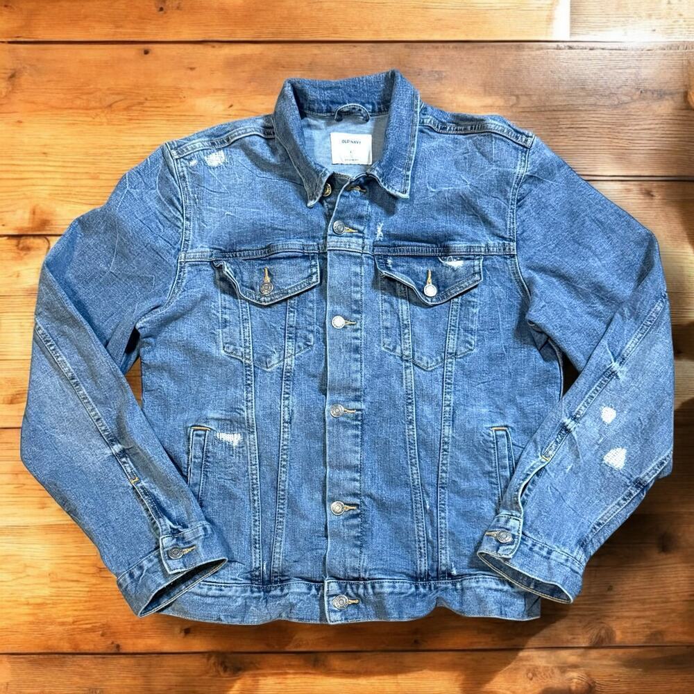Western Trucker Denim Jacket Mens Blue Distressed Thrashed Grunge Old Navy Sz L